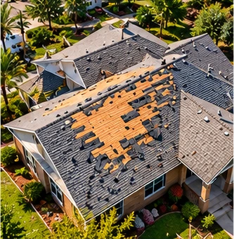 Illustrative aerial image of a storm-damaged roof